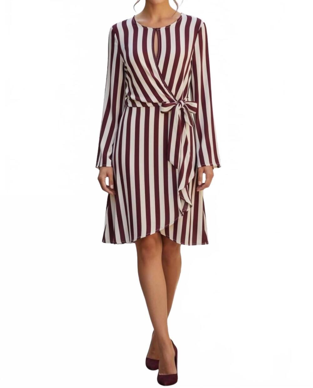 NEW DIVA USA long sleeve wrap dress in burgundy and cream stripe
